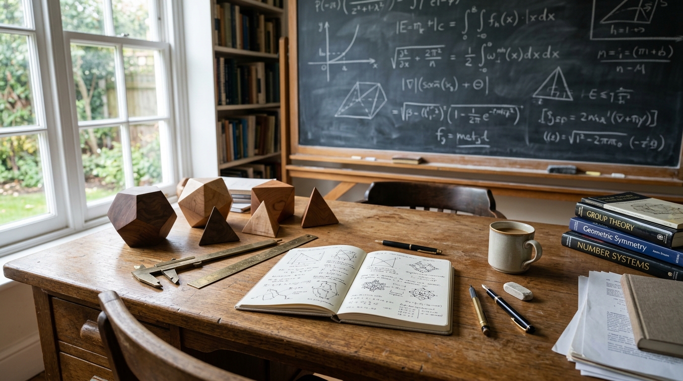 Mathematician research study desk with polyhedral geometric models, calipers, and blackboard formulas