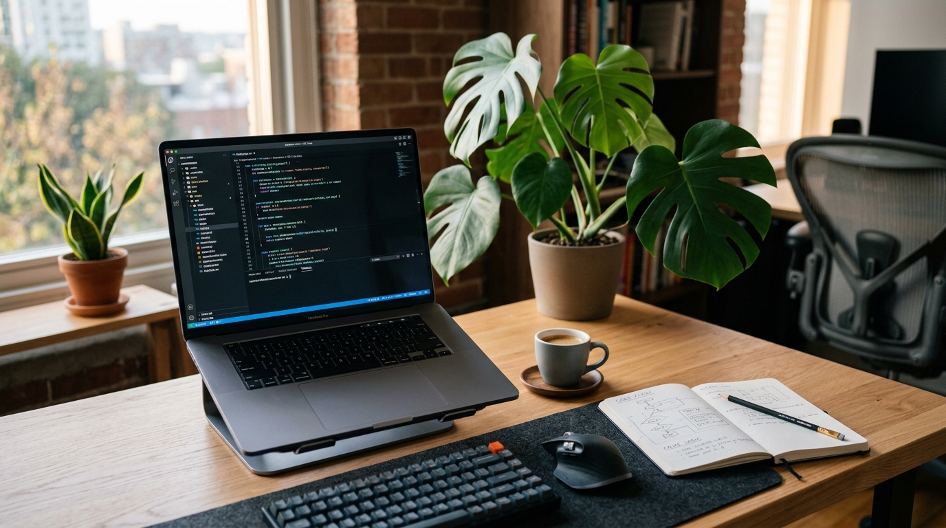 Modern developer workstation with code editor and algorithmic notes for Java palindrome programming