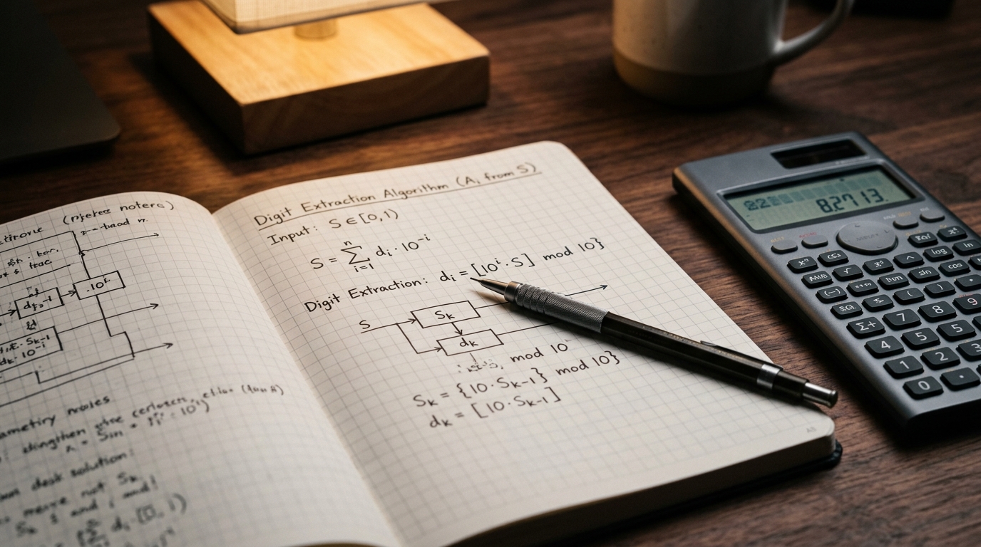 Arithmetic digit extraction calculations in an engineering notebook alongside a calculator