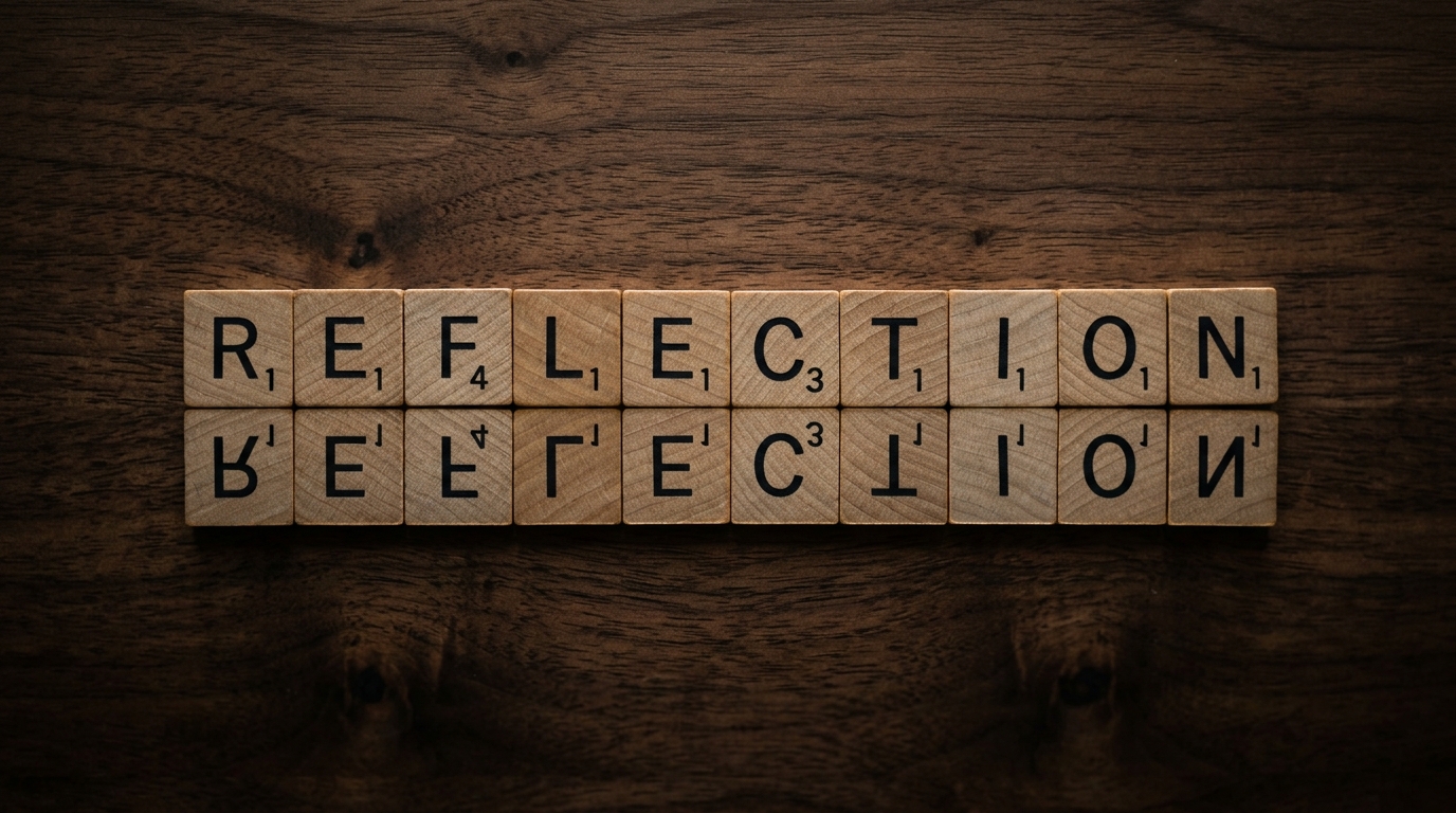 Letter tiles mirrored on polished dark wood representing symmetric string reflection