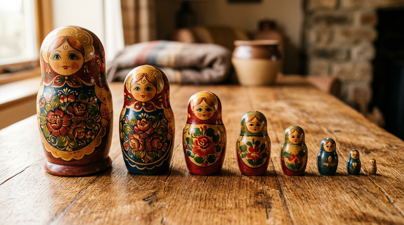 Russian wooden nesting dolls showing nested recursive structures on a table