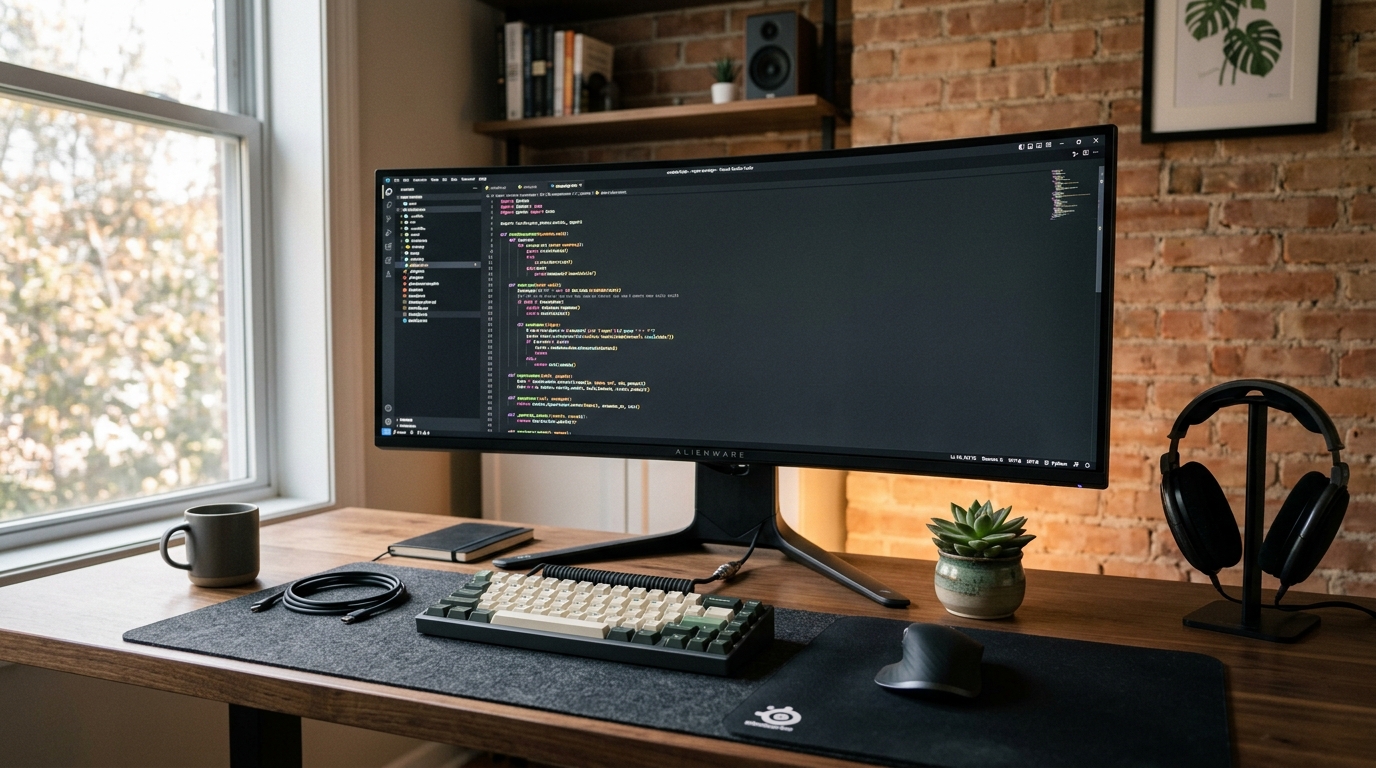 Python programming workstation with curved widescreen monitor displaying code editor