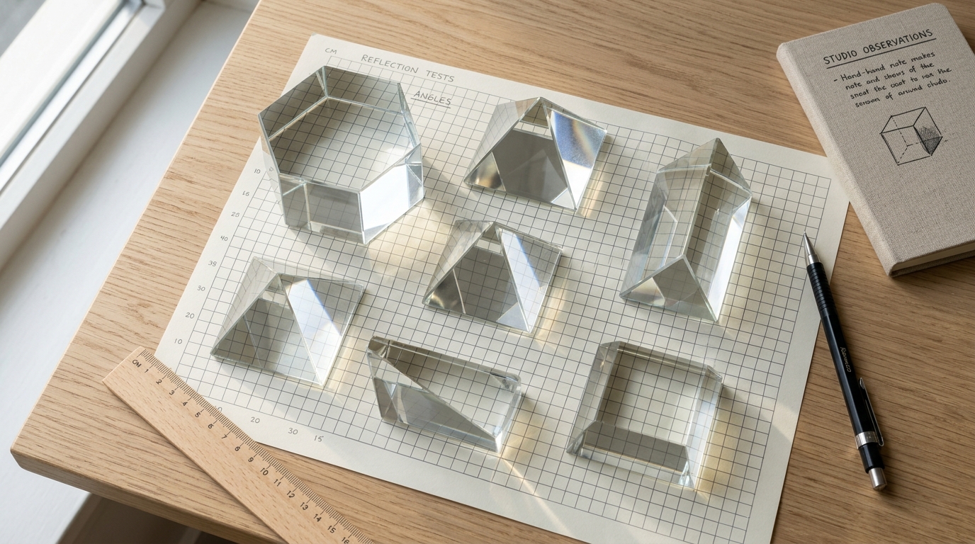 Geometric optical prisms on grid paper illustrating symmetrical angular reflections