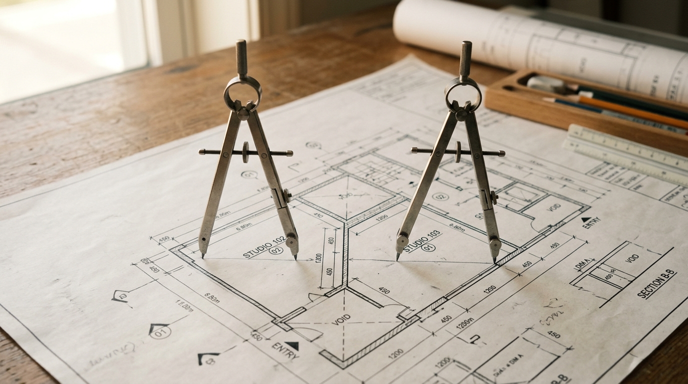 Dual precision compasses measuring equidistant points on architectural blueprint drawings