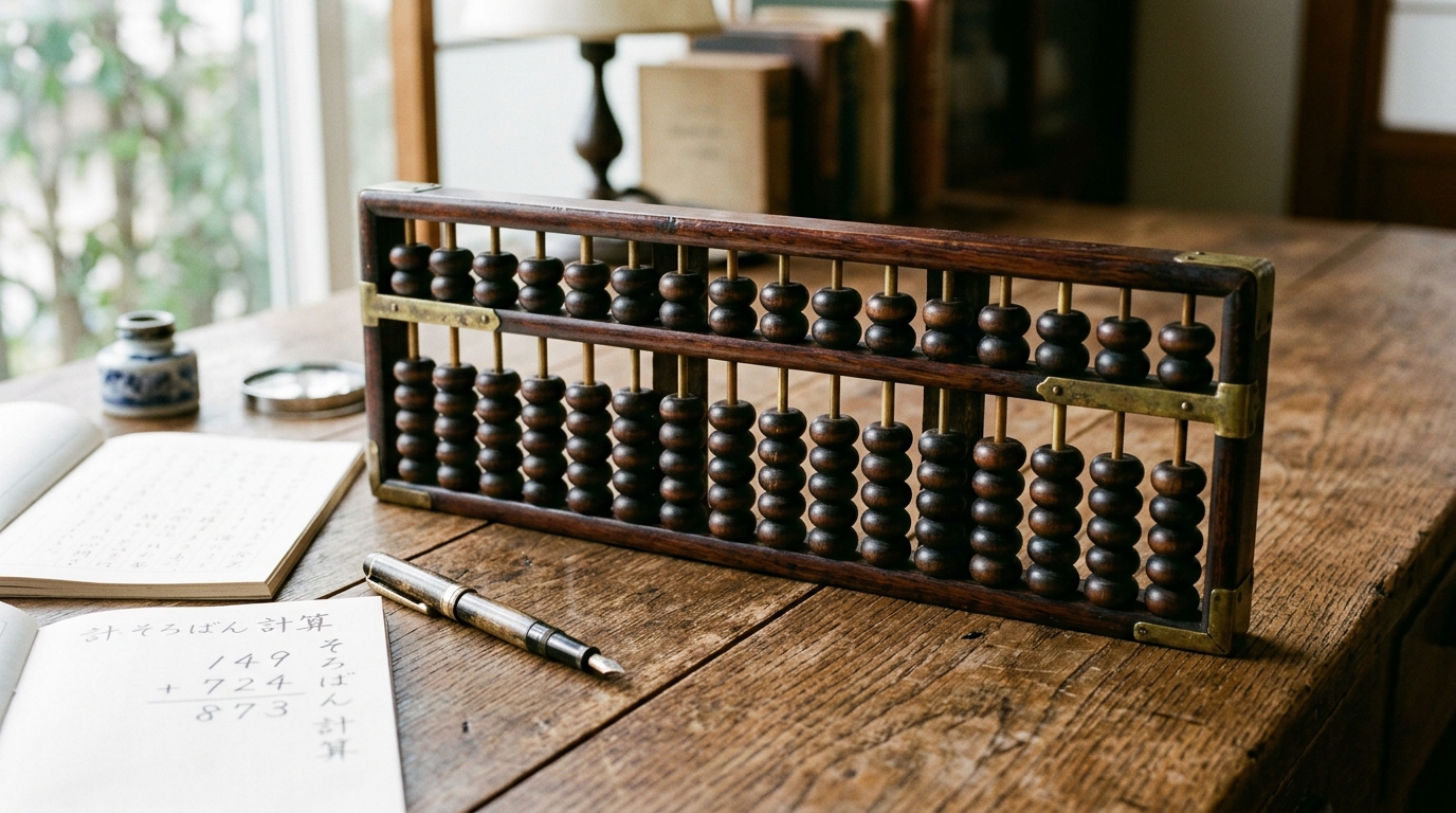 Vintage wooden soroban abacus demonstrating digit-by-digit calculations