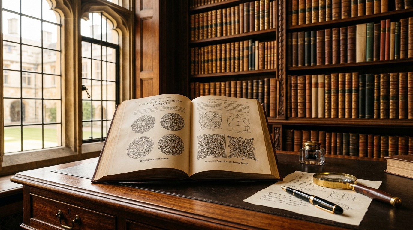 Classical library reading desk with open books, symmetry diagrams, and magnifying glass