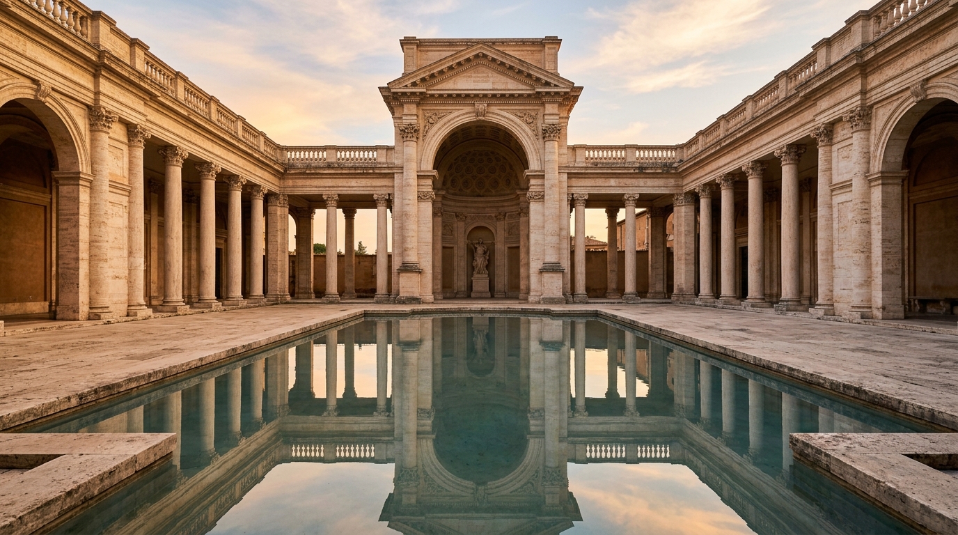 Classical architectural Roman archway perfectly mirrored in a courtyard reflecting pool