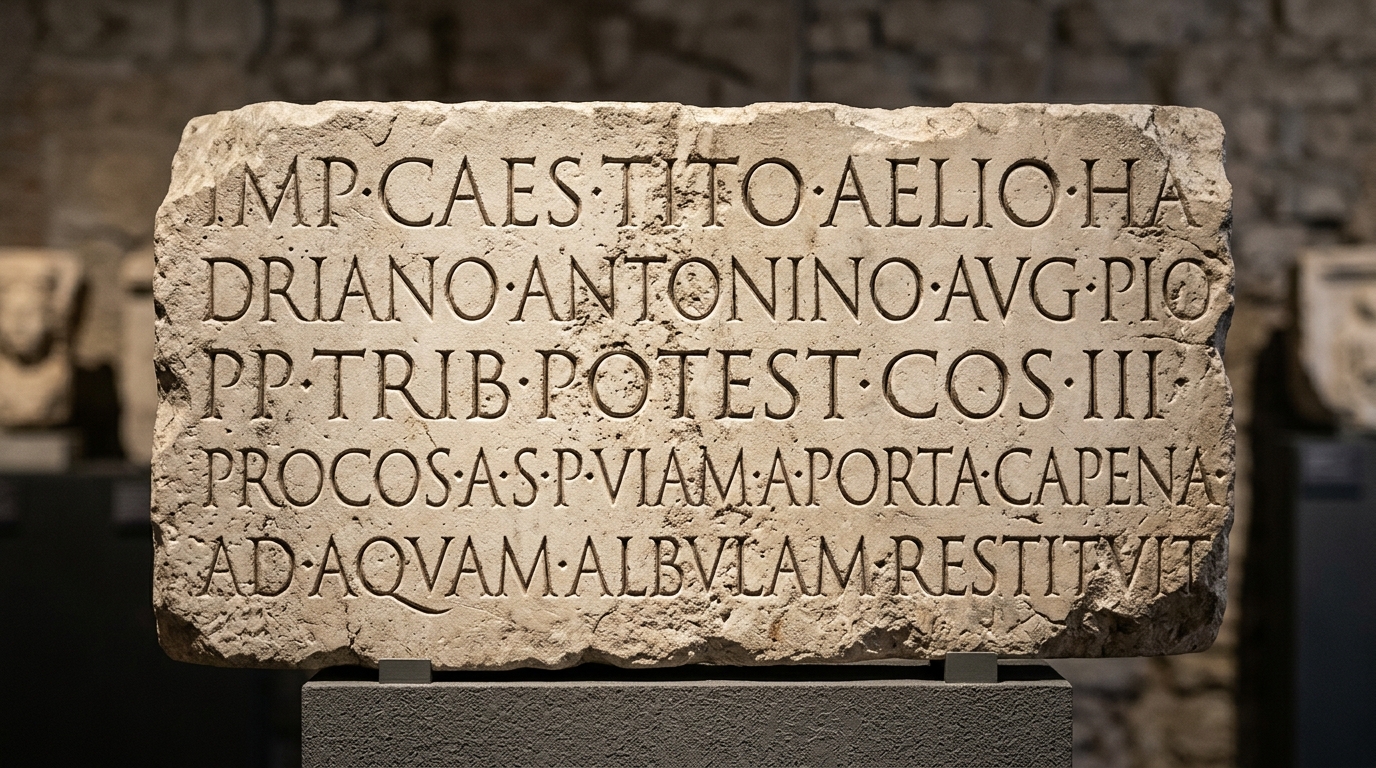 Ancient weathered Roman stone tablet with carved Latin serif inscriptions in an organized grid
