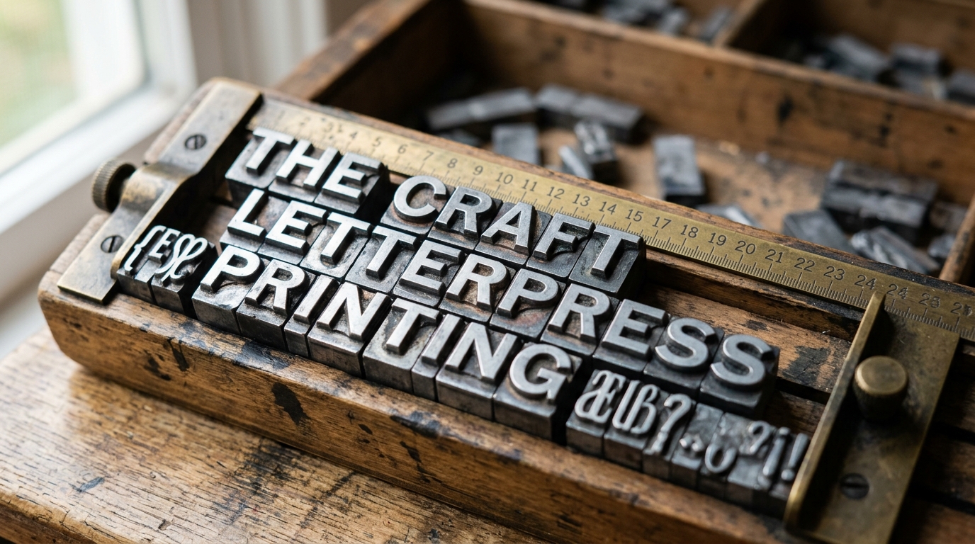 Vintage lead letterpress typography blocks arranged in a composing stick